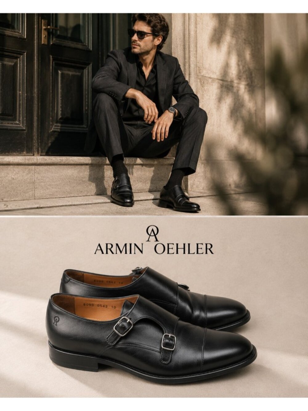 Armin Oehler Men’s Black Leather Double Monk Strap Cap Toe Dress Shoes US 10